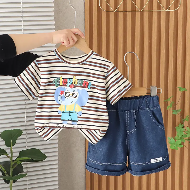 Boys Cartoon Striped T-Shirt Shorts Set - Image 2