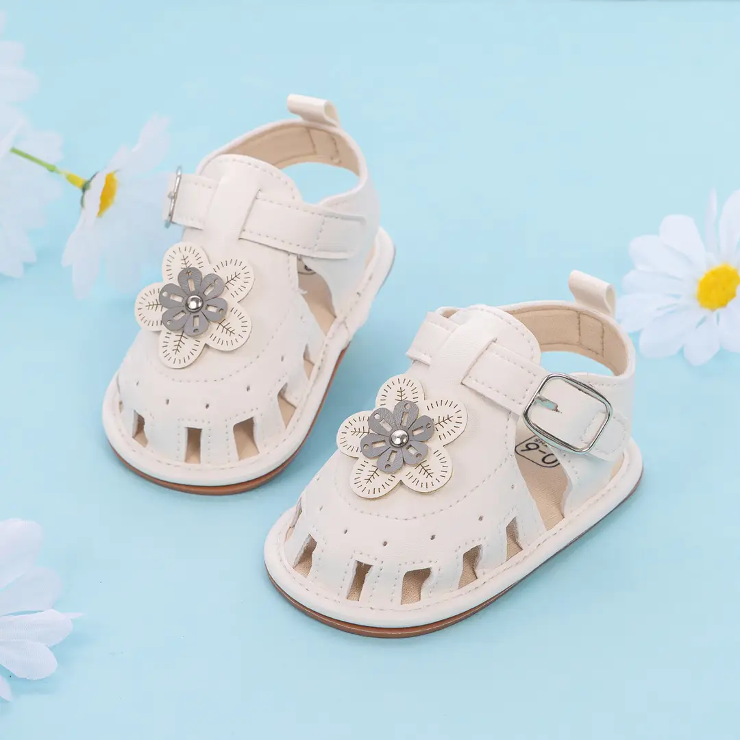 Cross-border New Baby Girl Sandals 2025 Summer Baby Toddler Shoes Cute Flower Solid Color Soft Bottom Baby Shoes