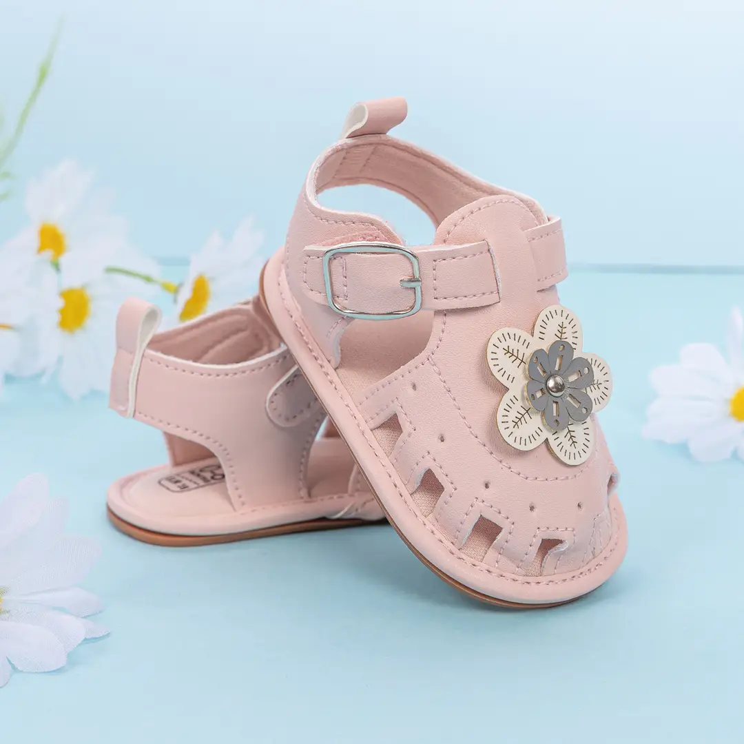 Cross-border New Baby Girl Sandals 2025 Summer Baby Toddler Shoes Cute Flower Solid Color Soft Bottom Baby Shoes