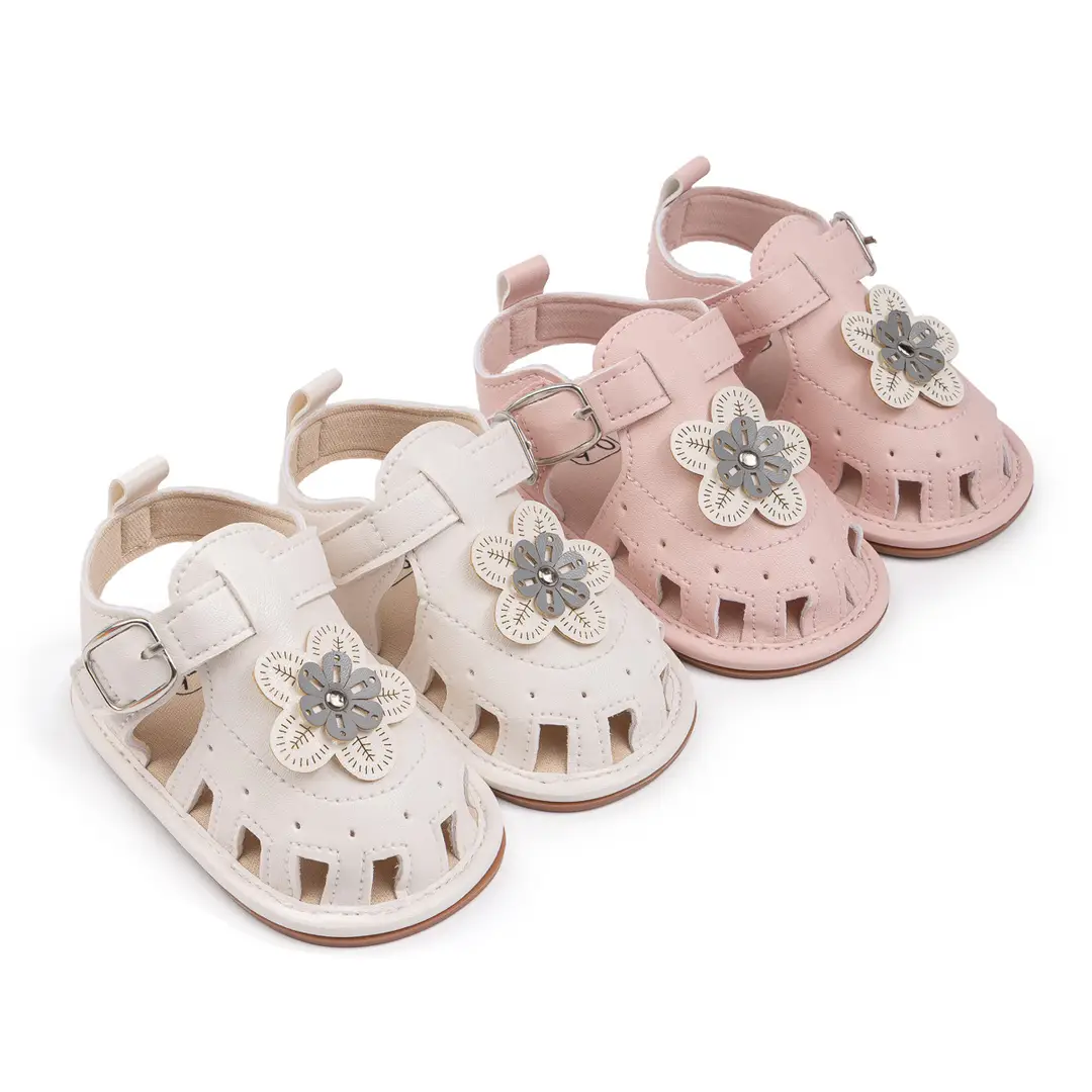 Cross-border New Baby Girl Sandals 2025 Summer Baby Toddler Shoes Cute Flower Solid Color Soft Bottom Baby Shoes