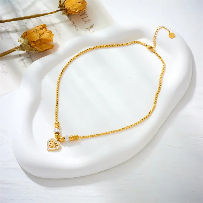 Gold Heart Clavicle Necklace with Round Beads & Diamonds - Image 3