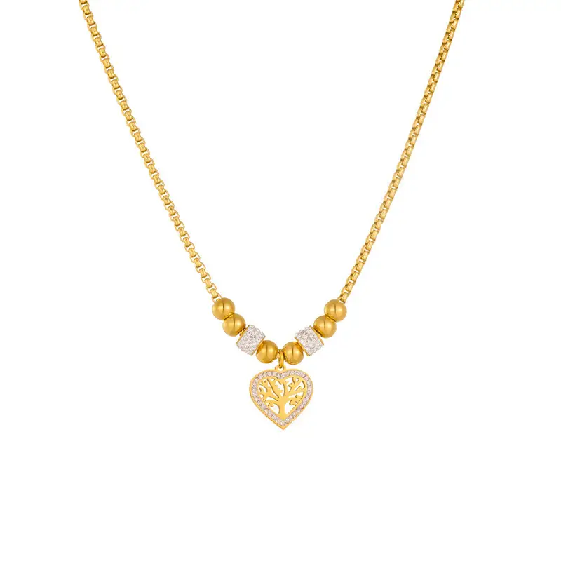 Gold Heart Clavicle Necklace with Round Beads & Diamonds - Image 6