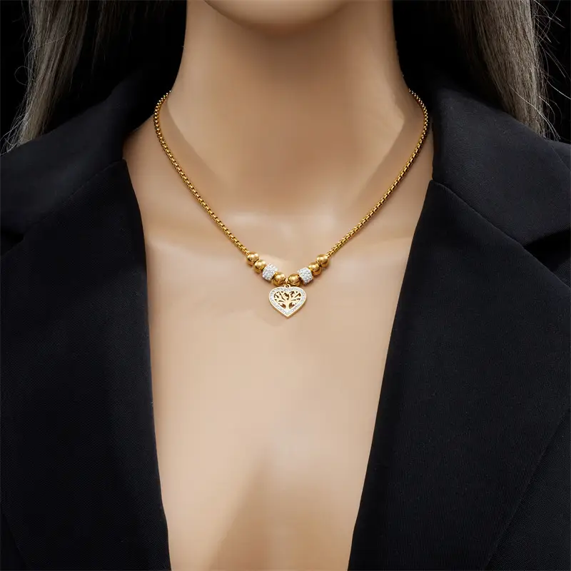 Gold Heart Clavicle Necklace with Round Beads & Diamonds β feature 2