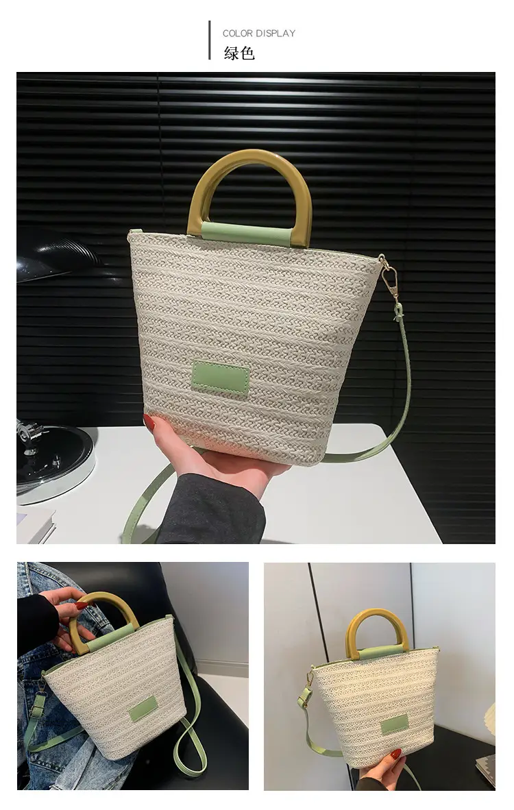 Women Straw Woven Bucket Bag Niche Texture Summer Casual — feature 12