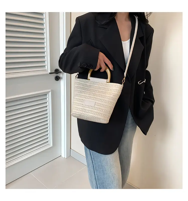 Women Straw Woven Bucket Bag Niche Texture Summer Casual — feature 19