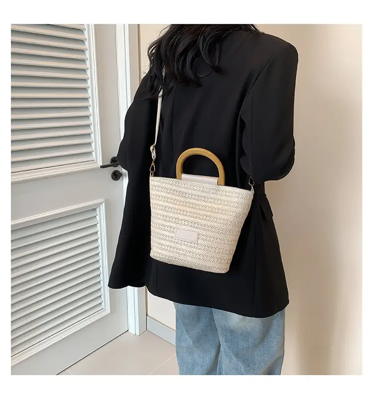 Women Straw Woven Bucket Bag Niche Texture Summer Casual — feature 20