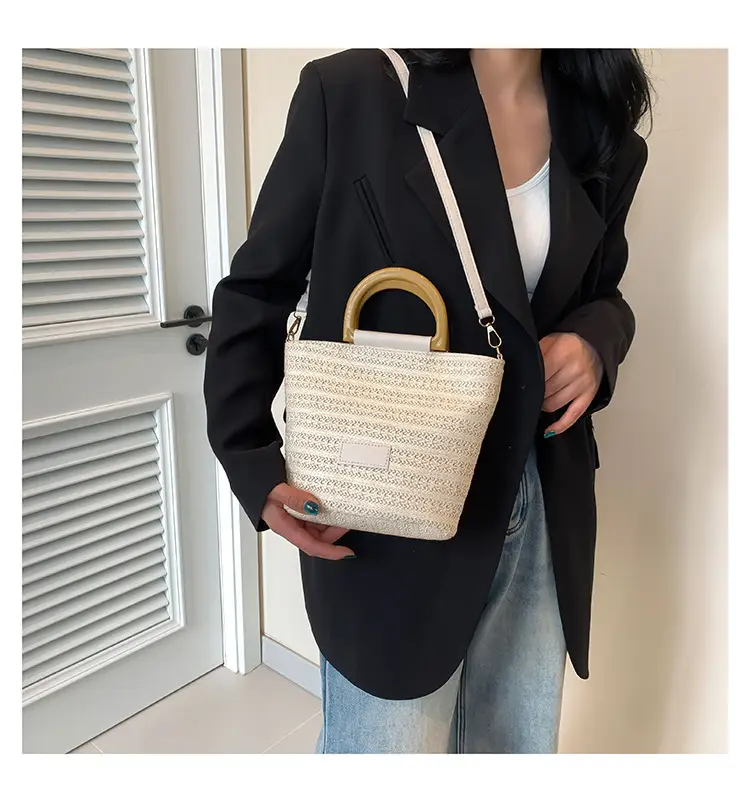 Women Straw Woven Bucket Bag Niche Texture Summer Casual — feature 21