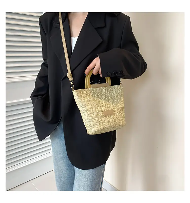 Women Straw Woven Bucket Bag Niche Texture Summer Casual — feature 24