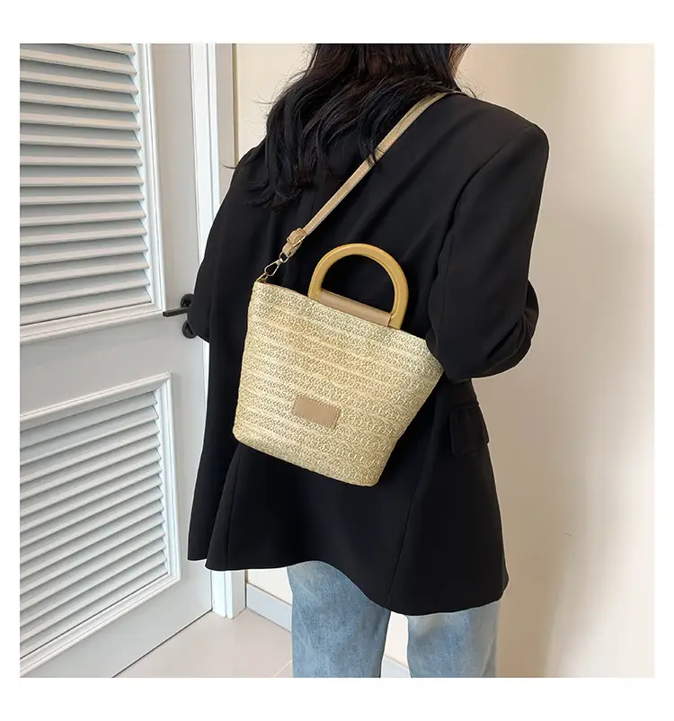 Women Straw Woven Bucket Bag Niche Texture Summer Casual — feature 25