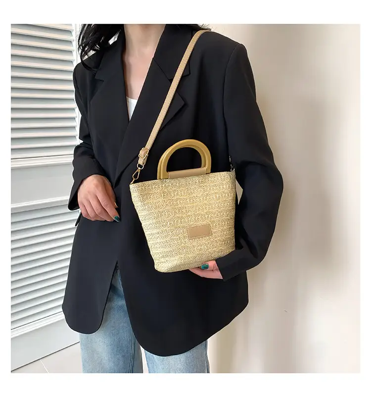 Women Straw Woven Bucket Bag Niche Texture Summer Casual — feature 26