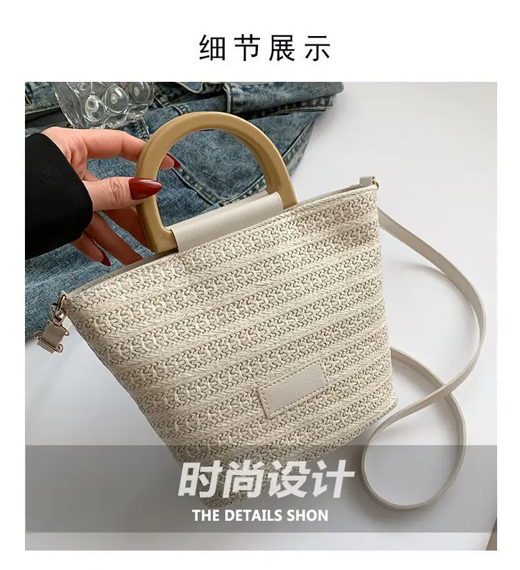 Women Straw Woven Bucket Bag Niche Texture Summer Casual — feature 3