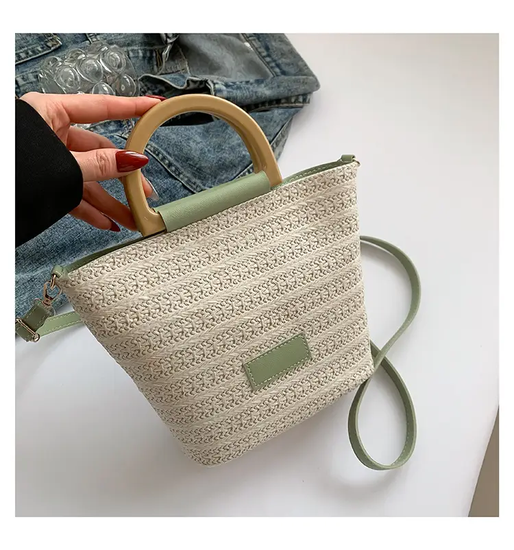 Women Straw Woven Bucket Bag Niche Texture Summer Casual — feature 34