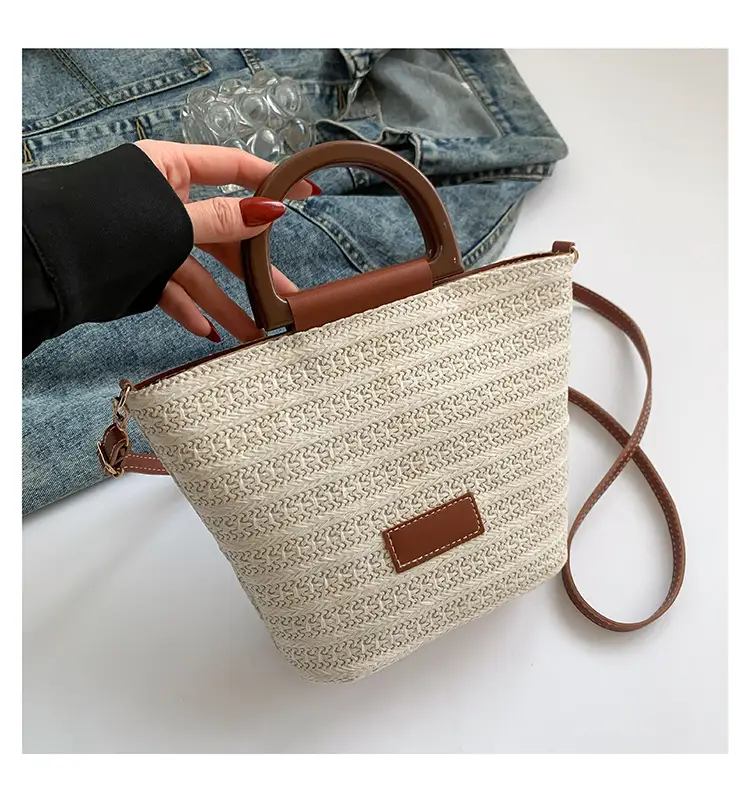 Women Straw Woven Bucket Bag Niche Texture Summer Casual — feature 38