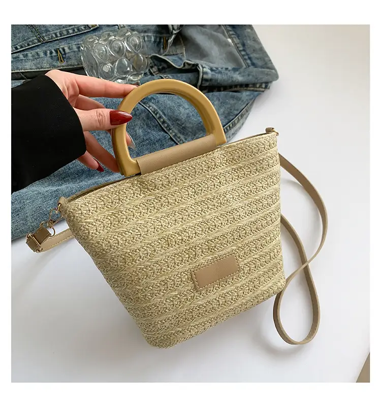 Women Straw Woven Bucket Bag Niche Texture Summer Casual — feature 42