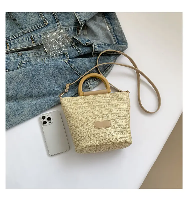 Women Straw Woven Bucket Bag Niche Texture Summer Casual — feature 43
