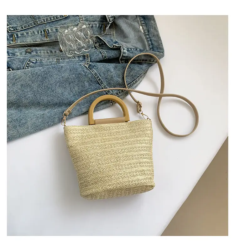 Women Straw Woven Bucket Bag Niche Texture Summer Casual — feature 44