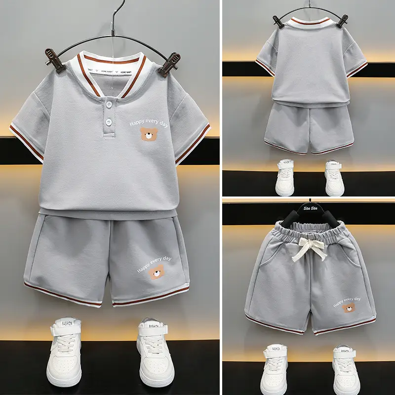 Boys Grey Polo Shirt & Shorts Set Summer Kids
