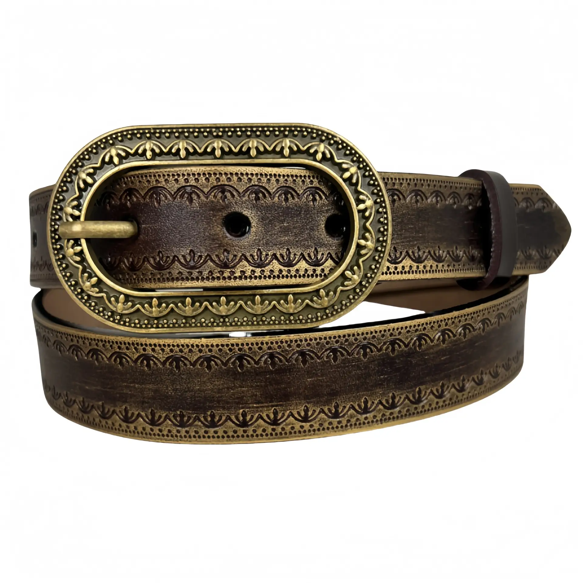 Retro Distressed Leather Belt with Gold Buckle