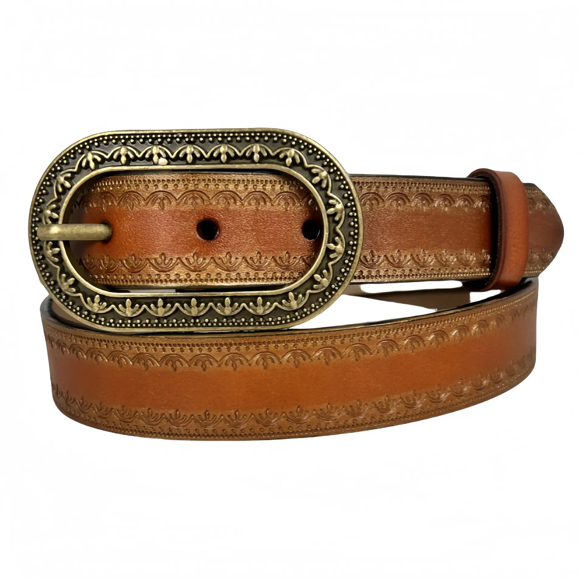 Retro Distressed Leather Belt with Gold Buckle - Image 2