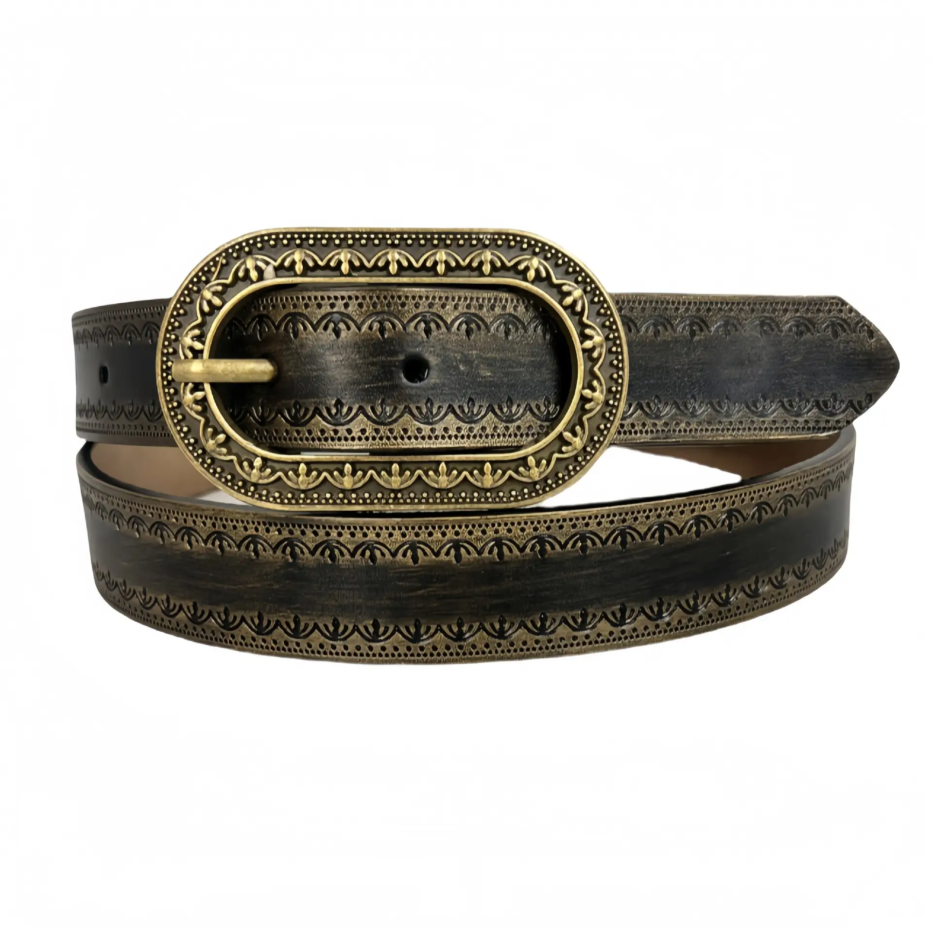 Retro Distressed Leather Belt with Gold Buckle - Image 4