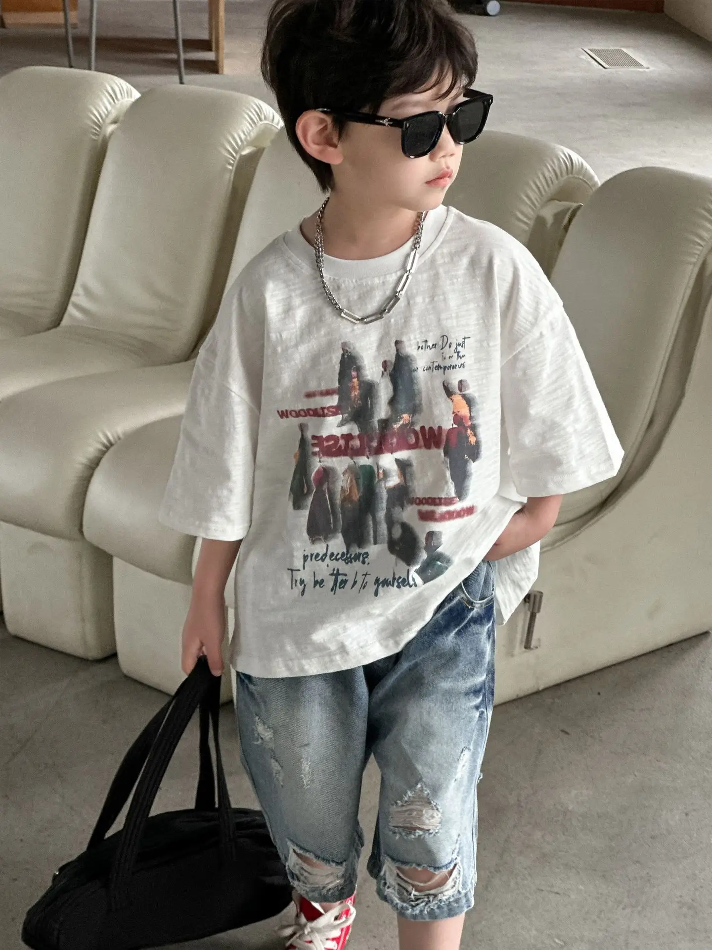 Boys Pure Cotton Printed T-Shirt 2025 Casual Mid Sleeve - Image 2