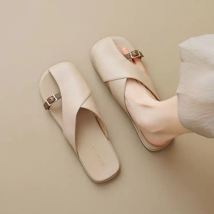 French Style Soft Bottom Toe Half Slippers Women's Spring and Summer Outfit 2025 New Office Lazy Leather Slippers Flat Sandals Women's Shoes - Image 4