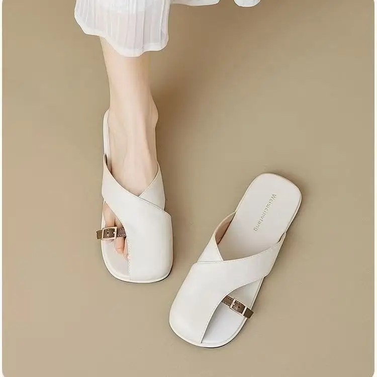 French Style Soft Bottom Toe Half Slippers Women's Spring and Summer Outfit 2025 New Office Lazy Leather Slippers Flat Sandals Women's Shoes - Image 5