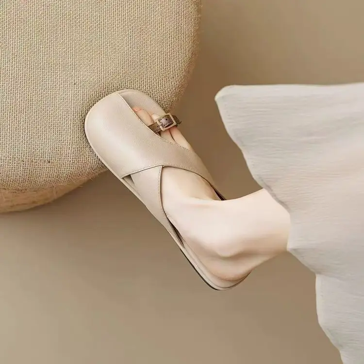 French Style Soft Bottom Toe Half Slippers Women's Spring and Summer Outfit 2025 New Office Lazy Leather Slippers Flat Sandals Women's Shoes - Image 6
