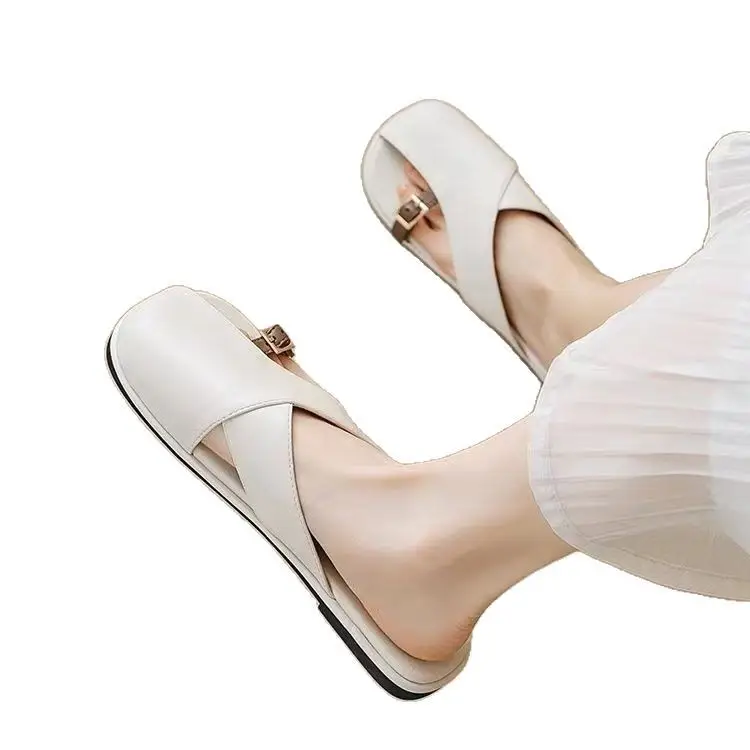French Style Soft Bottom Toe Half Slippers Women's Spring and Summer Outfit 2025 New Office Lazy Leather Slippers Flat Sandals Women's Shoes - Image 7