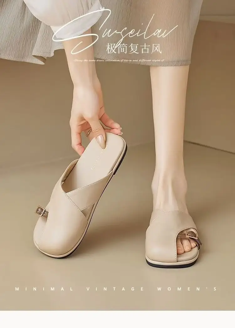 French Style Soft Bottom Toe Half Slippers Women's Spring and Summer Outfit 2025 New Office Lazy Leather Slippers Flat Sandals Women's Shoes — feature 1
