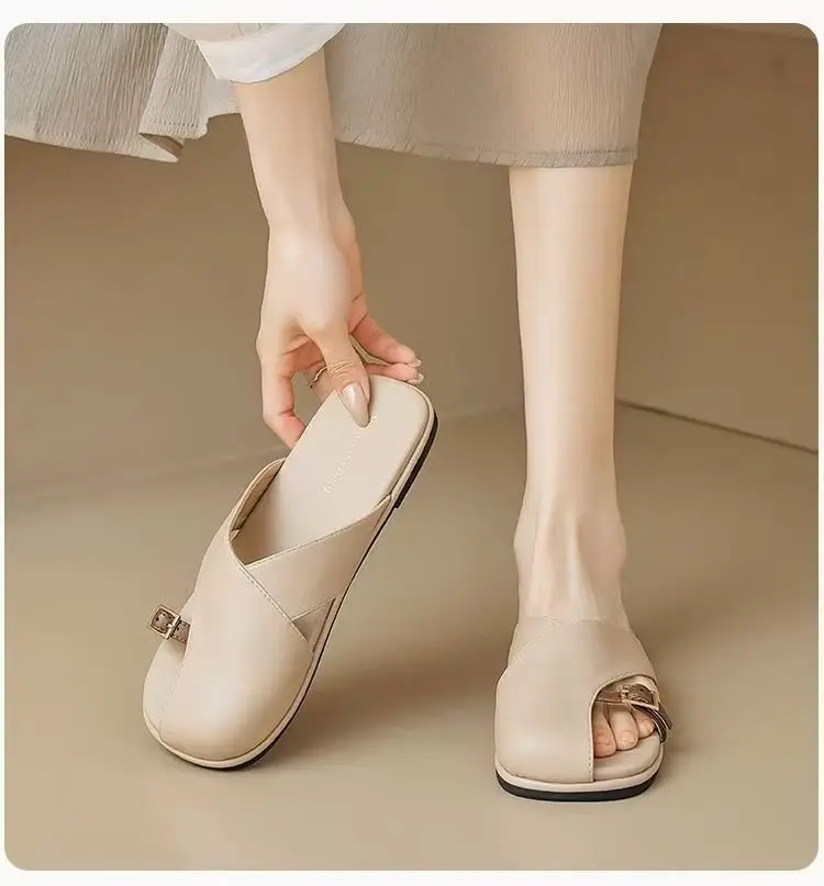 French Style Soft Bottom Toe Half Slippers Women's Spring and Summer Outfit 2025 New Office Lazy Leather Slippers Flat Sandals Women's Shoes — feature 10