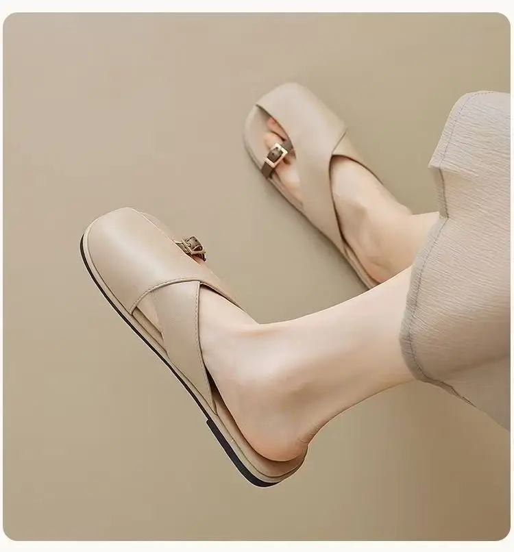 French Style Soft Bottom Toe Half Slippers Women's Spring and Summer Outfit 2025 New Office Lazy Leather Slippers Flat Sandals Women's Shoes — feature 12