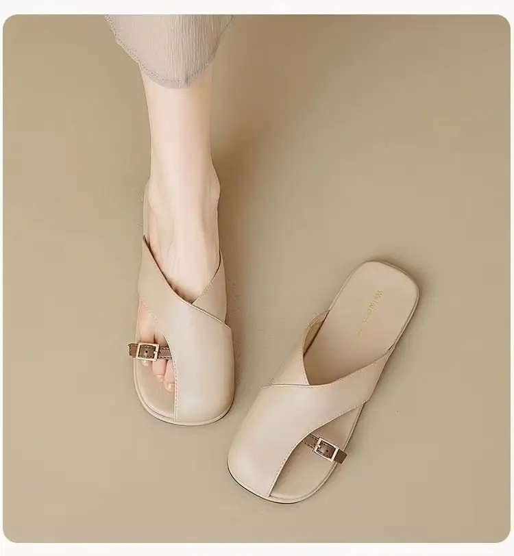 French Style Soft Bottom Toe Half Slippers Women's Spring and Summer Outfit 2025 New Office Lazy Leather Slippers Flat Sandals Women's Shoes — feature 13