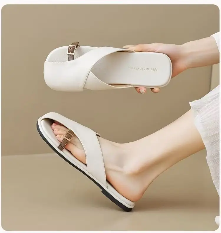 French Style Soft Bottom Toe Half Slippers Women's Spring and Summer Outfit 2025 New Office Lazy Leather Slippers Flat Sandals Women's Shoes — feature 14