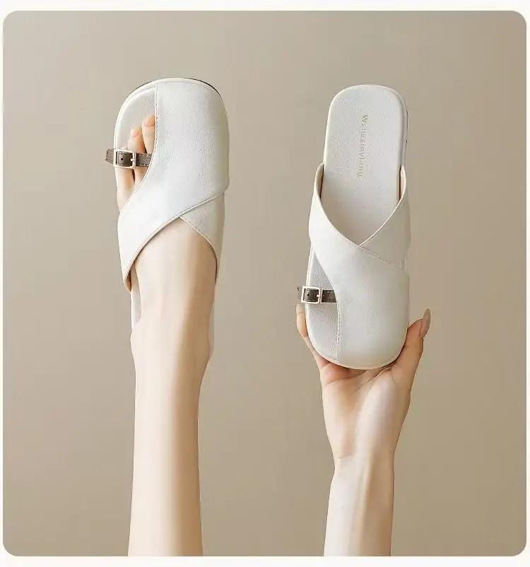 French Style Soft Bottom Toe Half Slippers Women's Spring and Summer Outfit 2025 New Office Lazy Leather Slippers Flat Sandals Women's Shoes — feature 15