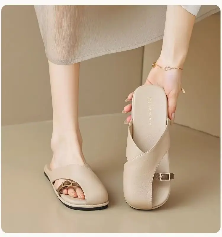 French Style Soft Bottom Toe Half Slippers Women's Spring and Summer Outfit 2025 New Office Lazy Leather Slippers Flat Sandals Women's Shoes — feature 18