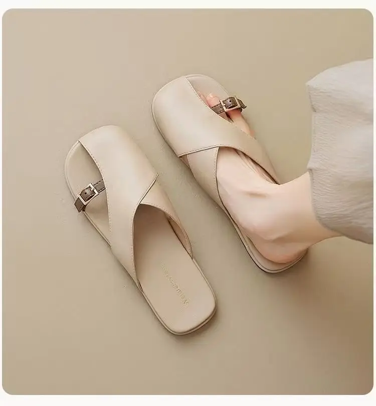 French Style Soft Bottom Toe Half Slippers Women's Spring and Summer Outfit 2025 New Office Lazy Leather Slippers Flat Sandals Women's Shoes — feature 19