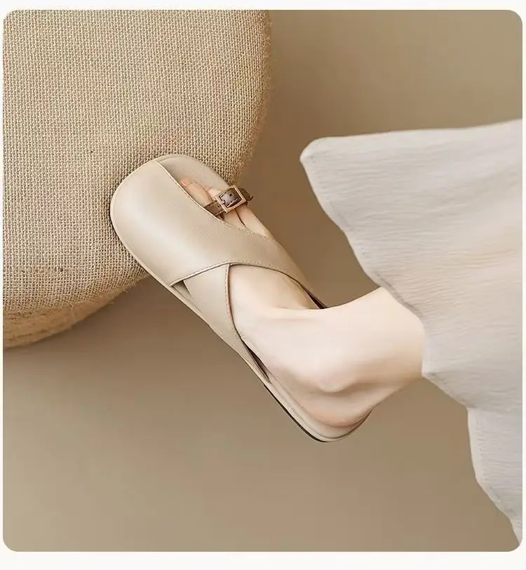 French Style Soft Bottom Toe Half Slippers Women's Spring and Summer Outfit 2025 New Office Lazy Leather Slippers Flat Sandals Women's Shoes — feature 20