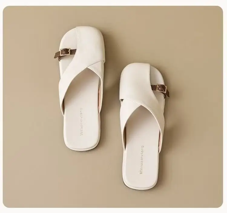French Style Soft Bottom Toe Half Slippers Women's Spring and Summer Outfit 2025 New Office Lazy Leather Slippers Flat Sandals Women's Shoes — feature 21