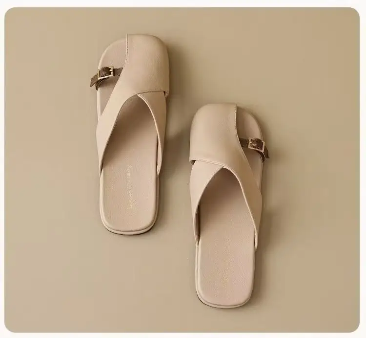French Style Soft Bottom Toe Half Slippers Women's Spring and Summer Outfit 2025 New Office Lazy Leather Slippers Flat Sandals Women's Shoes — feature 22