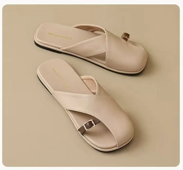 French Style Soft Bottom Toe Half Slippers Women's Spring and Summer Outfit 2025 New Office Lazy Leather Slippers Flat Sandals Women's Shoes — feature 23