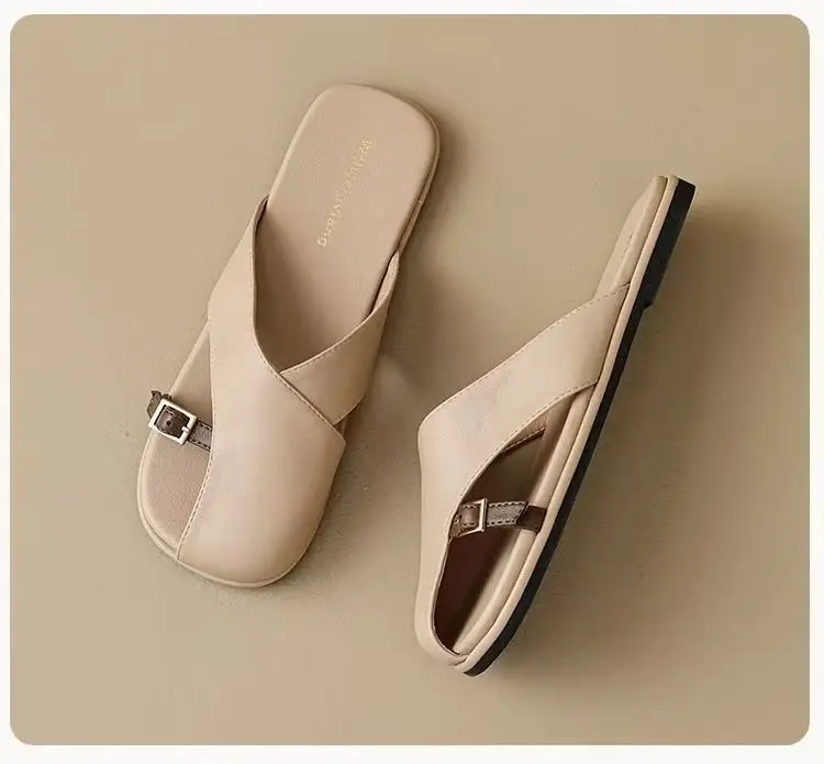 French Style Soft Bottom Toe Half Slippers Women's Spring and Summer Outfit 2025 New Office Lazy Leather Slippers Flat Sandals Women's Shoes — feature 24