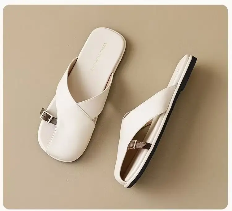 French Style Soft Bottom Toe Half Slippers Women's Spring and Summer Outfit 2025 New Office Lazy Leather Slippers Flat Sandals Women's Shoes — feature 25