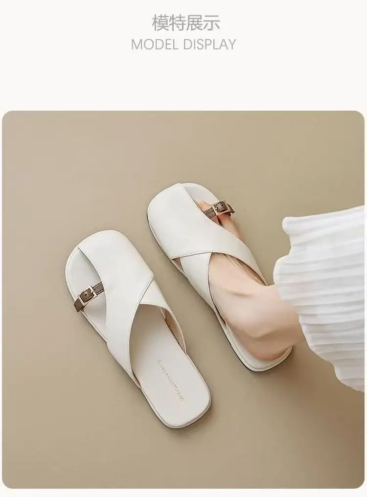 French Style Soft Bottom Toe Half Slippers Women's Spring and Summer Outfit 2025 New Office Lazy Leather Slippers Flat Sandals Women's Shoes — feature 4