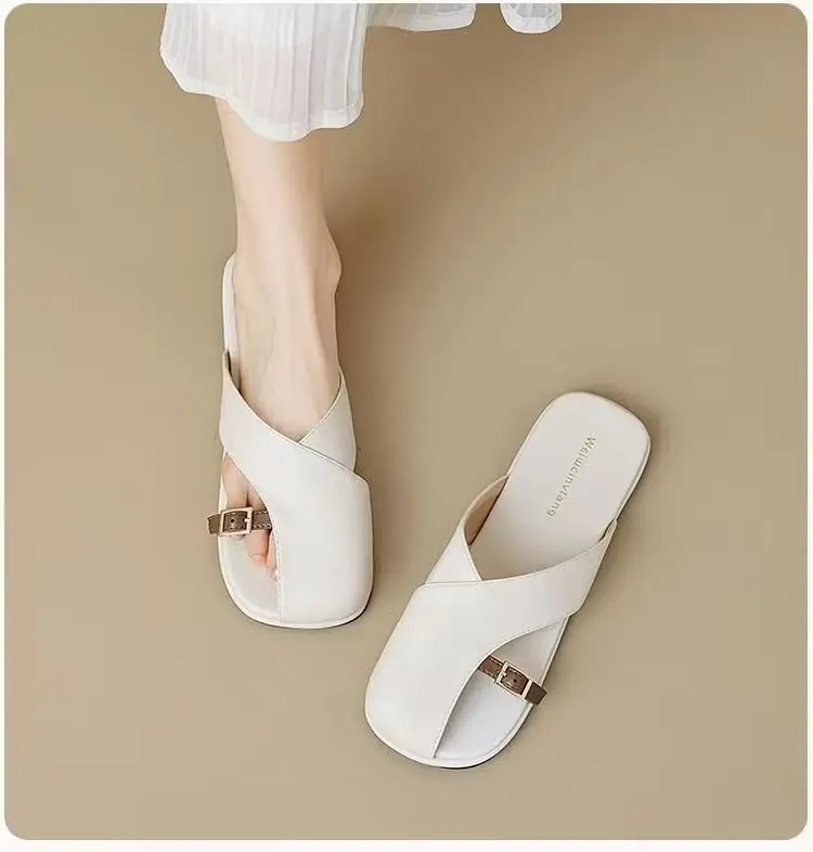French Style Soft Bottom Toe Half Slippers Women's Spring and Summer Outfit 2025 New Office Lazy Leather Slippers Flat Sandals Women's Shoes — feature 5