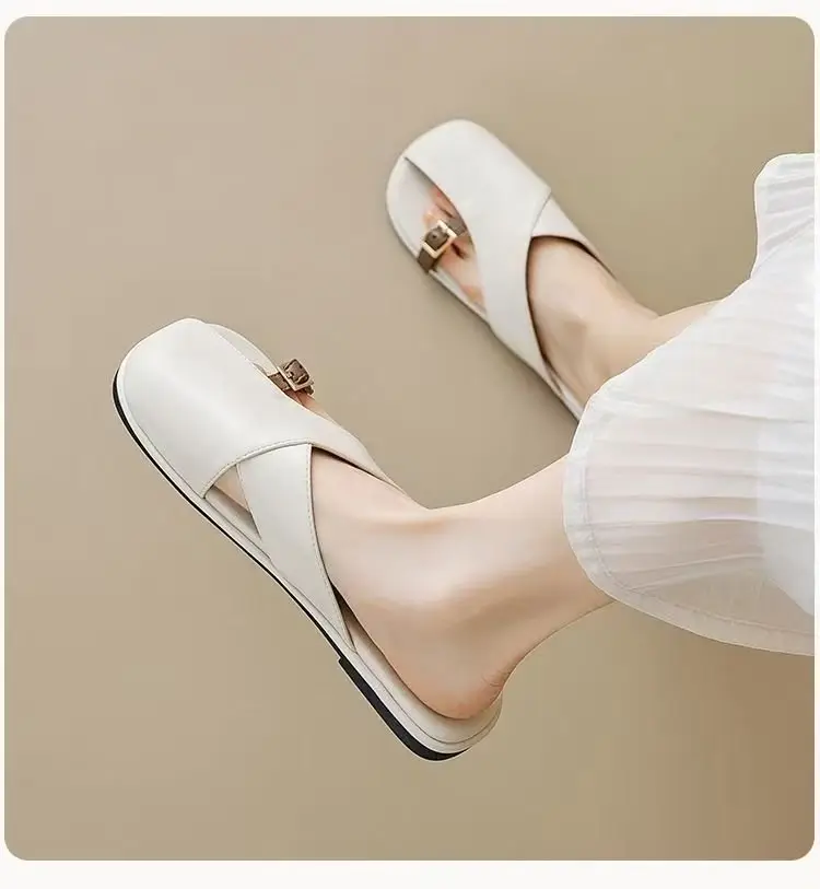 French Style Soft Bottom Toe Half Slippers Women's Spring and Summer Outfit 2025 New Office Lazy Leather Slippers Flat Sandals Women's Shoes — feature 6