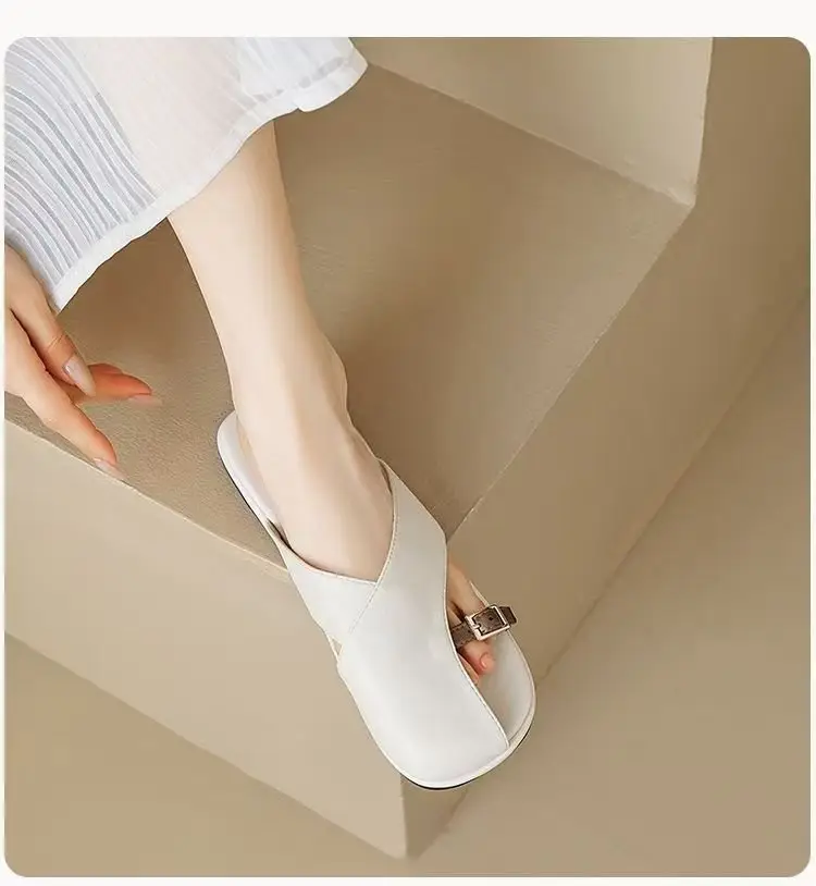 French Style Soft Bottom Toe Half Slippers Women's Spring and Summer Outfit 2025 New Office Lazy Leather Slippers Flat Sandals Women's Shoes — feature 7