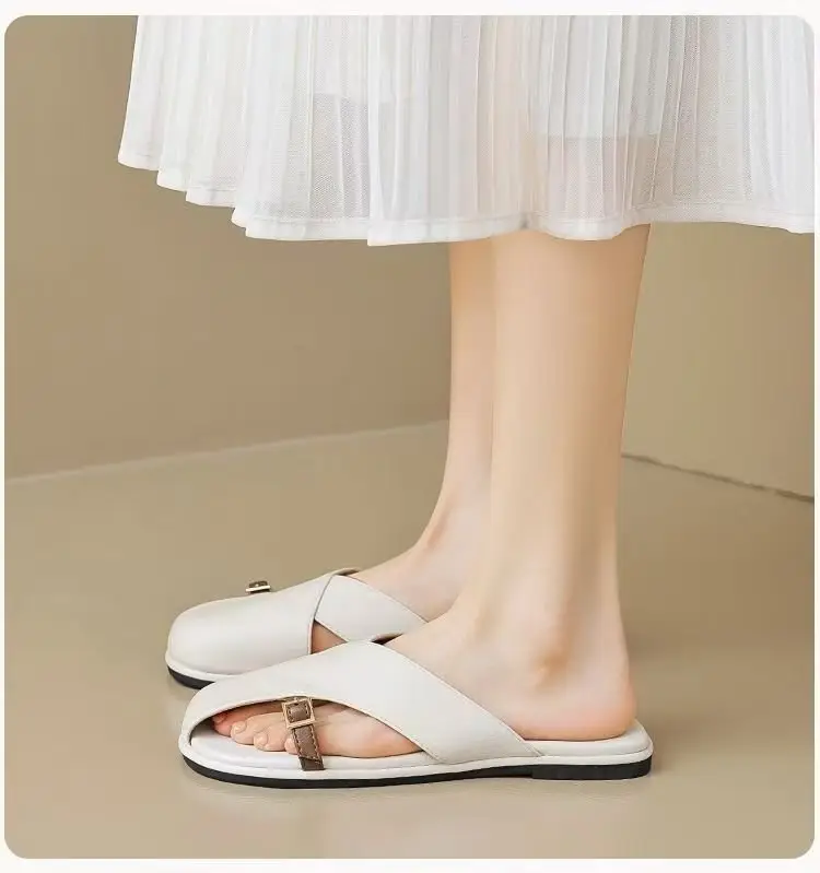 French Style Soft Bottom Toe Half Slippers Women's Spring and Summer Outfit 2025 New Office Lazy Leather Slippers Flat Sandals Women's Shoes — feature 8
