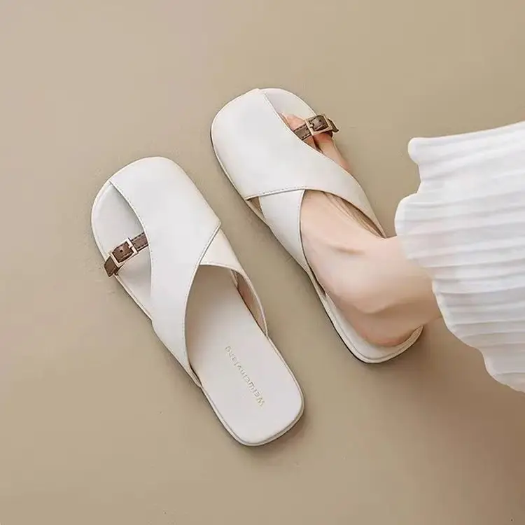 French Style Soft Bottom Toe Half Slippers Women's Spring and Summer Outfit 2025 New Office Lazy Leather Slippers Flat Sandals Women's Shoes - Image 2