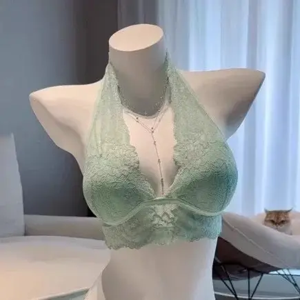 Mint Green Lace Halter Top with Built-In Bra Pads Wireless Bra Set for Women — feature 6